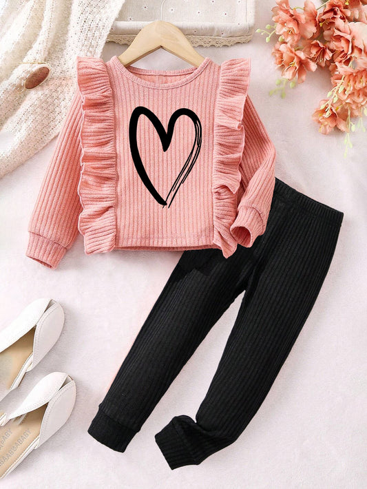 Girl's Pink Ruffle Heart-Print Top & Black Ribbed Pants Set Wholesale