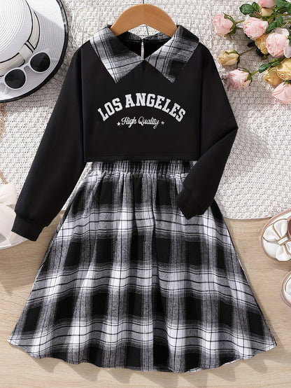 Trendy Girls' "Los Angeles" Plaid Dress and Sweatshirt Set