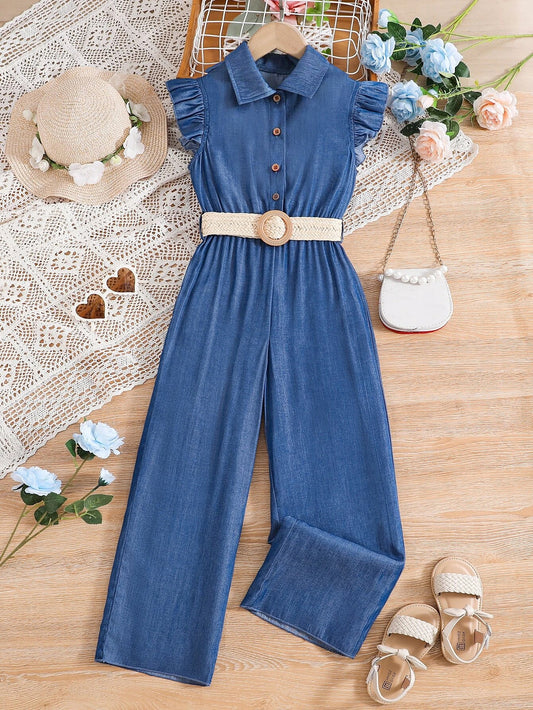 Girls' Faux Denim Jumpsuit with Belted Waist and Ruffle Sleeves Wholesale