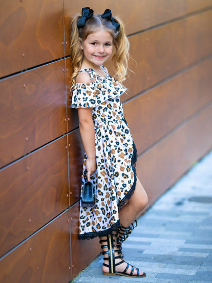 Leopard Print High-Low Off-Shoulder Girls' Dress