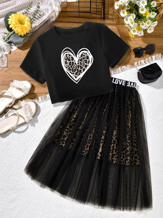 Trendy Leopard Heart Black Tulle Skirt Set