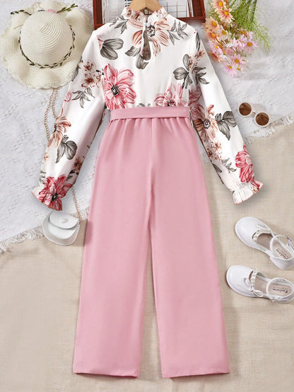 Girls' Floral Ruffle Top and High-Waisted Bow-Tied Pants Set Wholesale