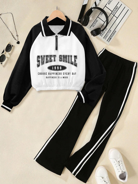 Polo Sweatshirt & Flared Track Pants Set for Girls