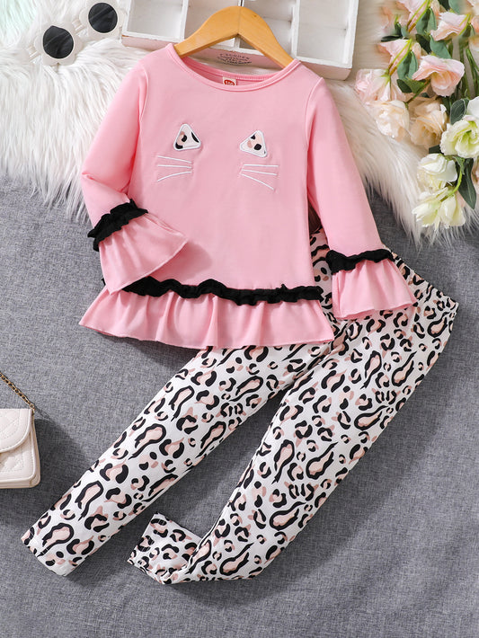 Girls' Pink Top & Leopard Print Leggings Set Wholesale