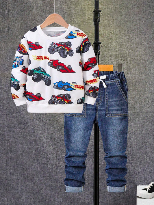 Racing Car Sweatshirt and Denim Jeans Set for Boys Wholesale