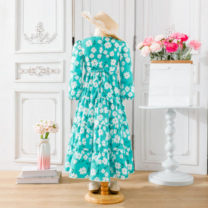 Girls' Turquoise Floral Long-Sleeve Tiered Maxi Dress Wholesale