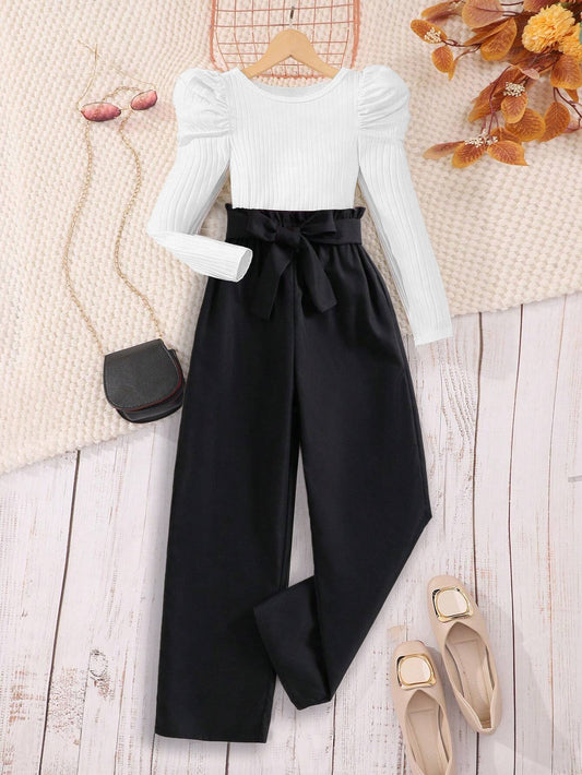 Girls' Puff Sleeve Top and Wide-Leg Pants Set Wholesale