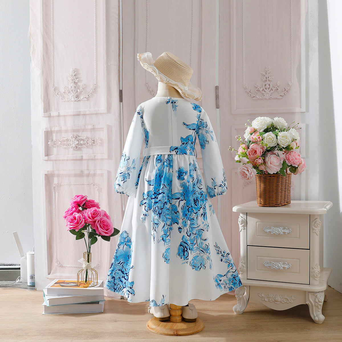 Girls' White and Blue Floral Dress Wholesale