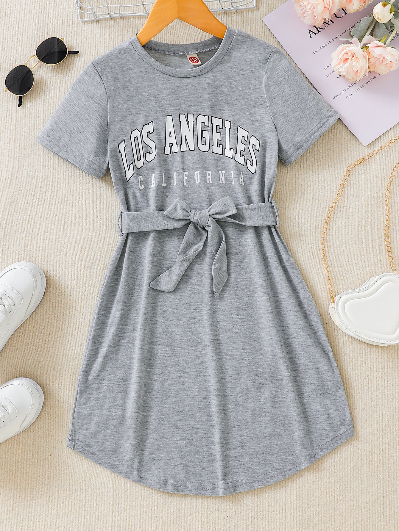 Girls'Gray T-Shirt Dress with Waist Tie Wholesale