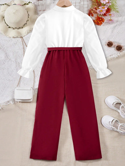 Girls' Embroidered Floral Blouse & High-Waisted Pants Set Wholesale