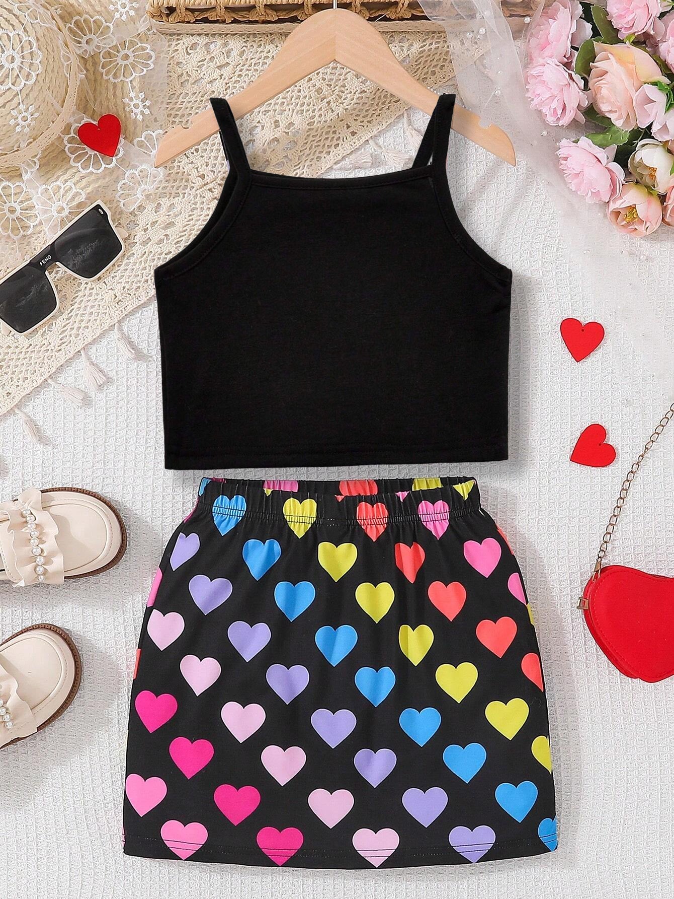 Colorful Heart Print Crop Top & Skirt Set for Girls Wholesale