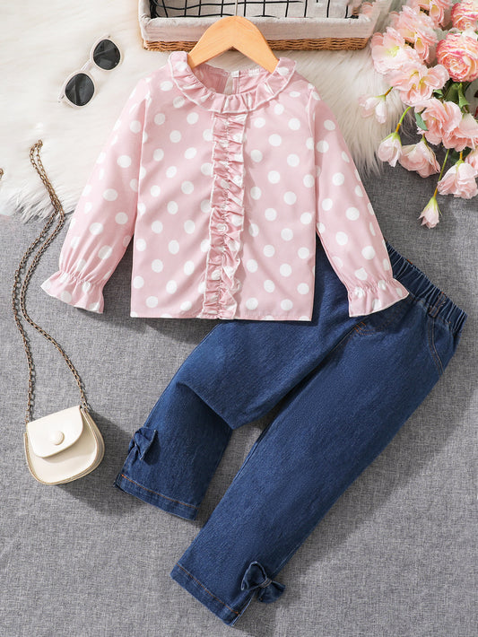 Girls' Polka Dot Ruffle Top & Faux Denim Pants Set Wholesale