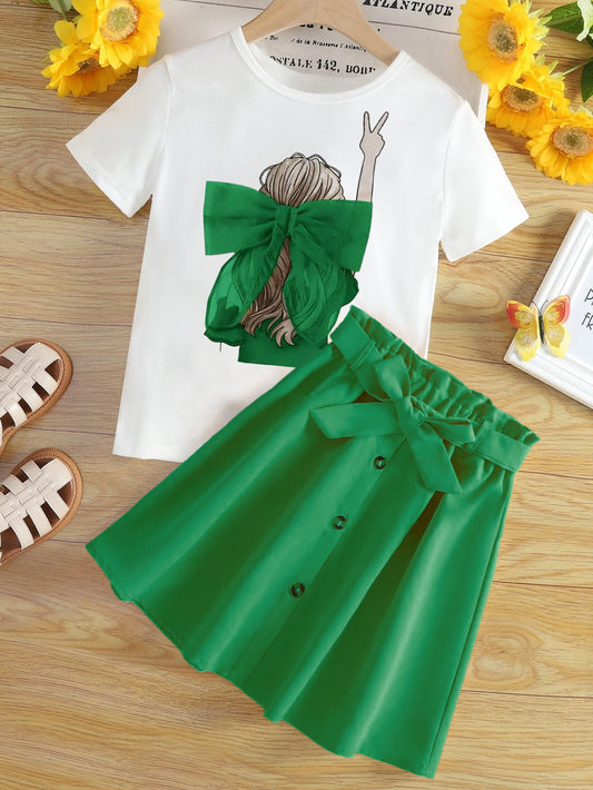 Girls' Graphic Tee with Green Bow & Matching Skirt Set Wholesale