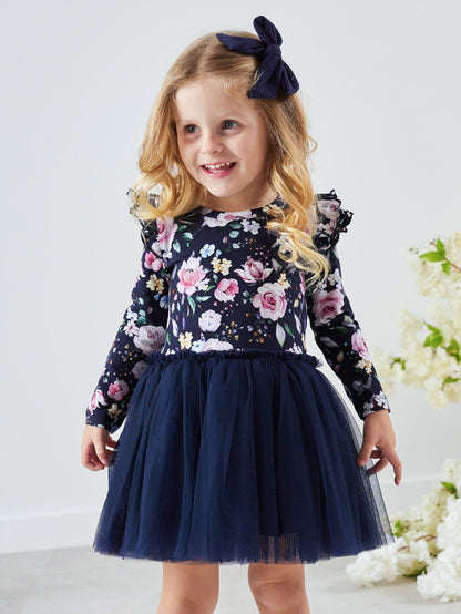 Girls' Floral Long-Sleeve Dress with Tulle Skirt Wholesale