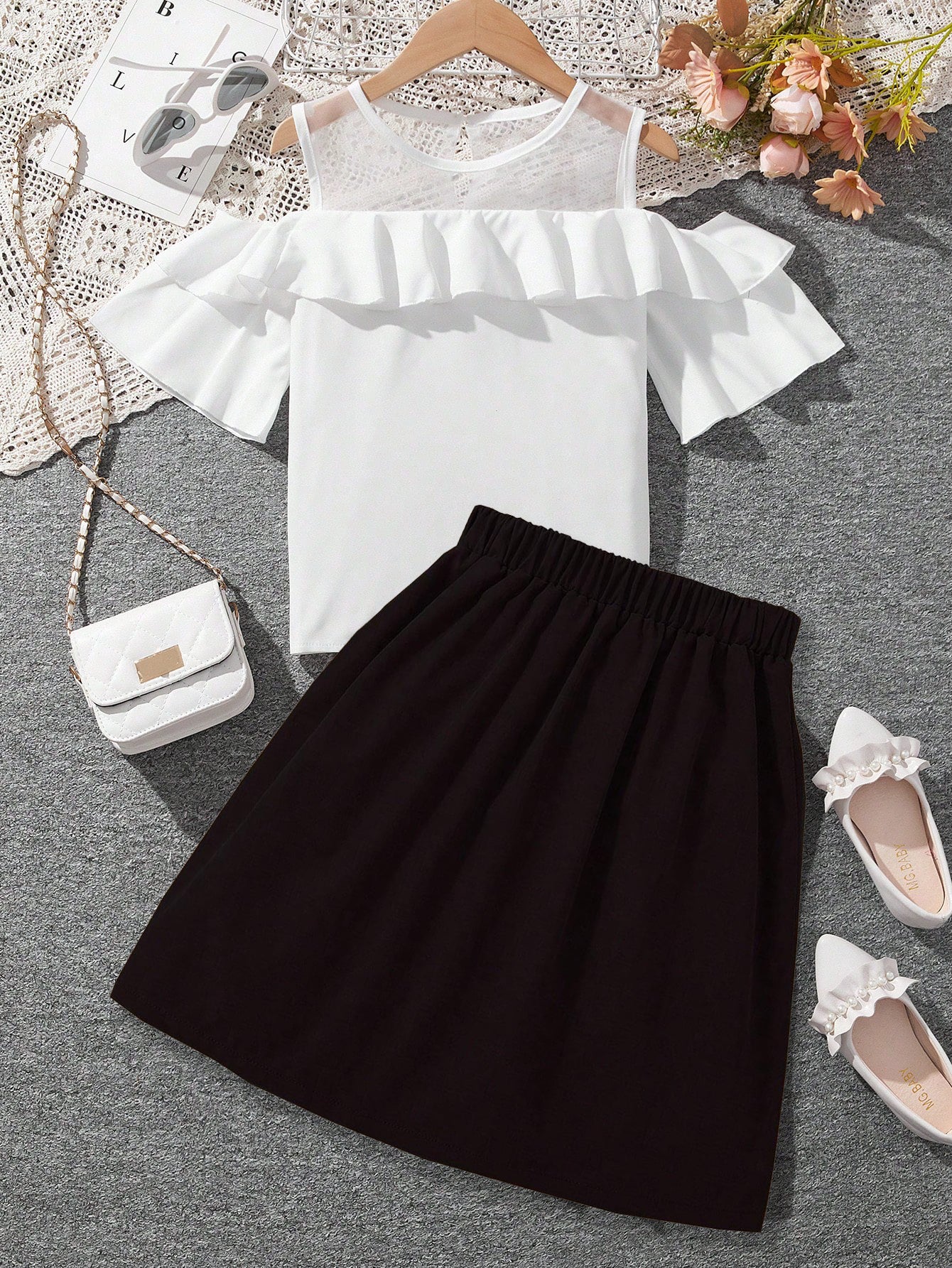 Girls' White Ruffle Top and Black Button Skirt Set Wholesale