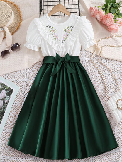 Girls' Elegant Embroidered Blouse and Pleated Green Skirt Set Wholesale