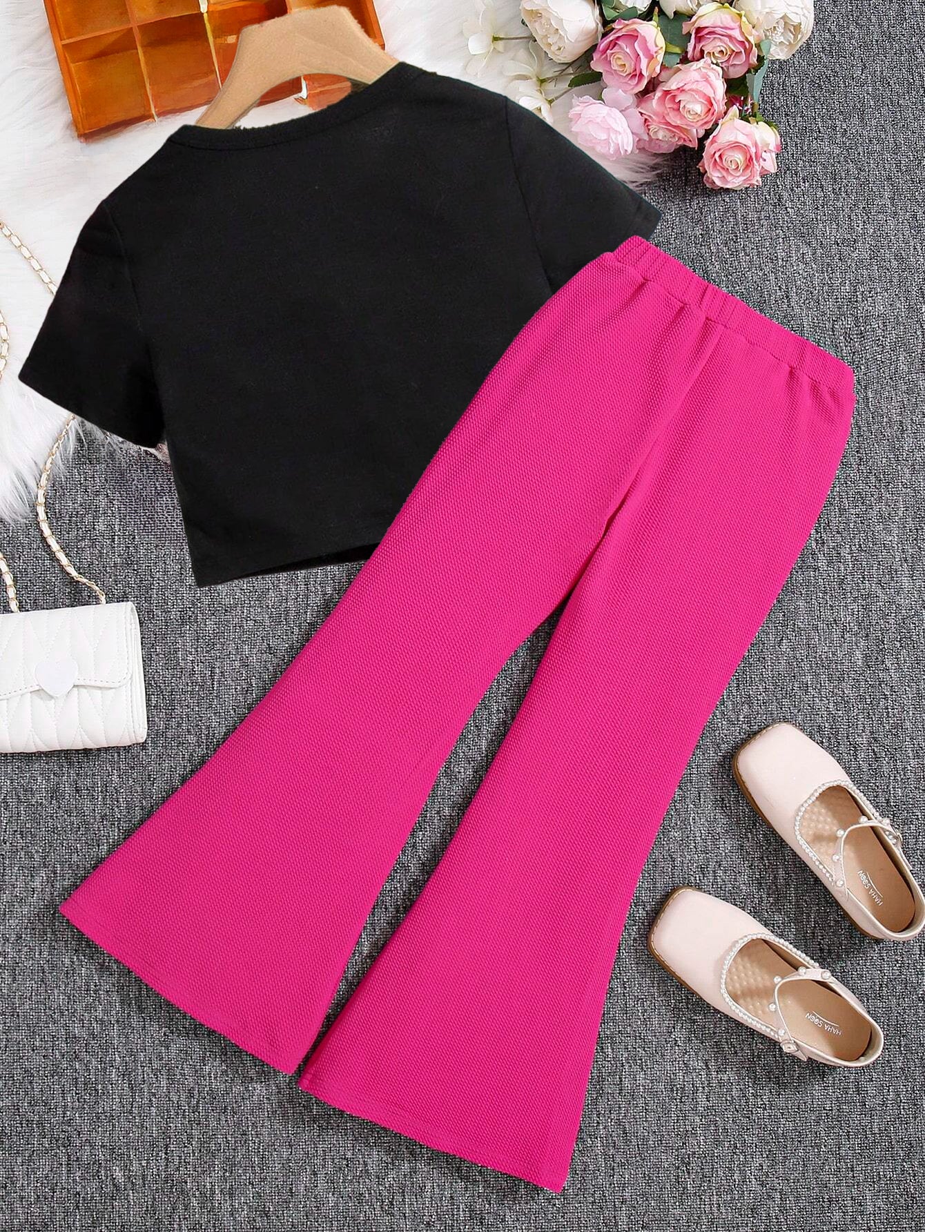 Girls'Top & High-Waisted Flared Pants Set Wholesale