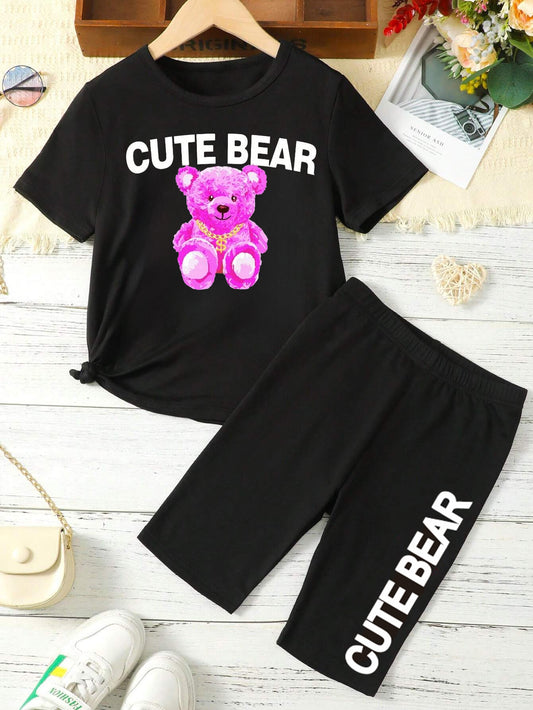 "Cute Bear" Graphic Tee & Shorts Set for Girls Wholesale