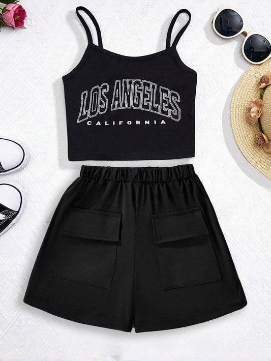 Girls' LA Crop Top and Pocket Shorts Set Wholesale