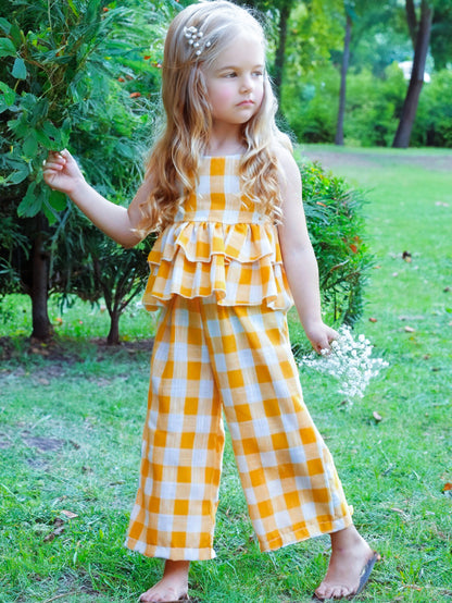 Girls' Gingham Peplum Top & Wide-Leg Pants Set Wholesale