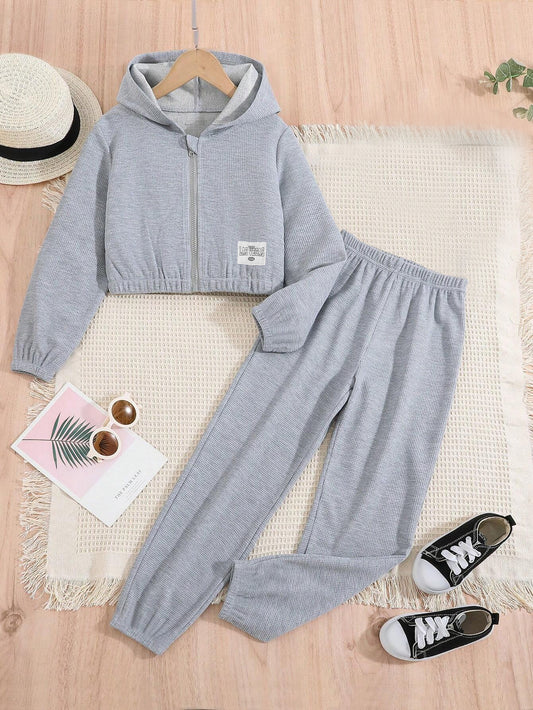 Girls' Casual Gray Hooded Zip-Up Jogger Set BeiLa Wholesale