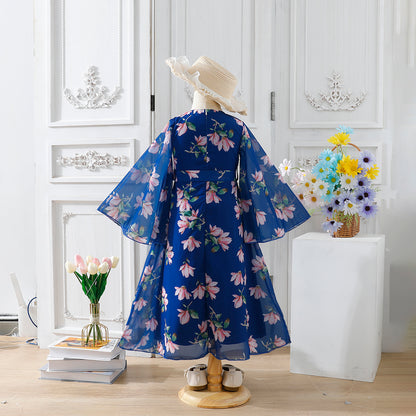 Girls' Navy Blue Floral Bell-Sleeve Dress Wholesale