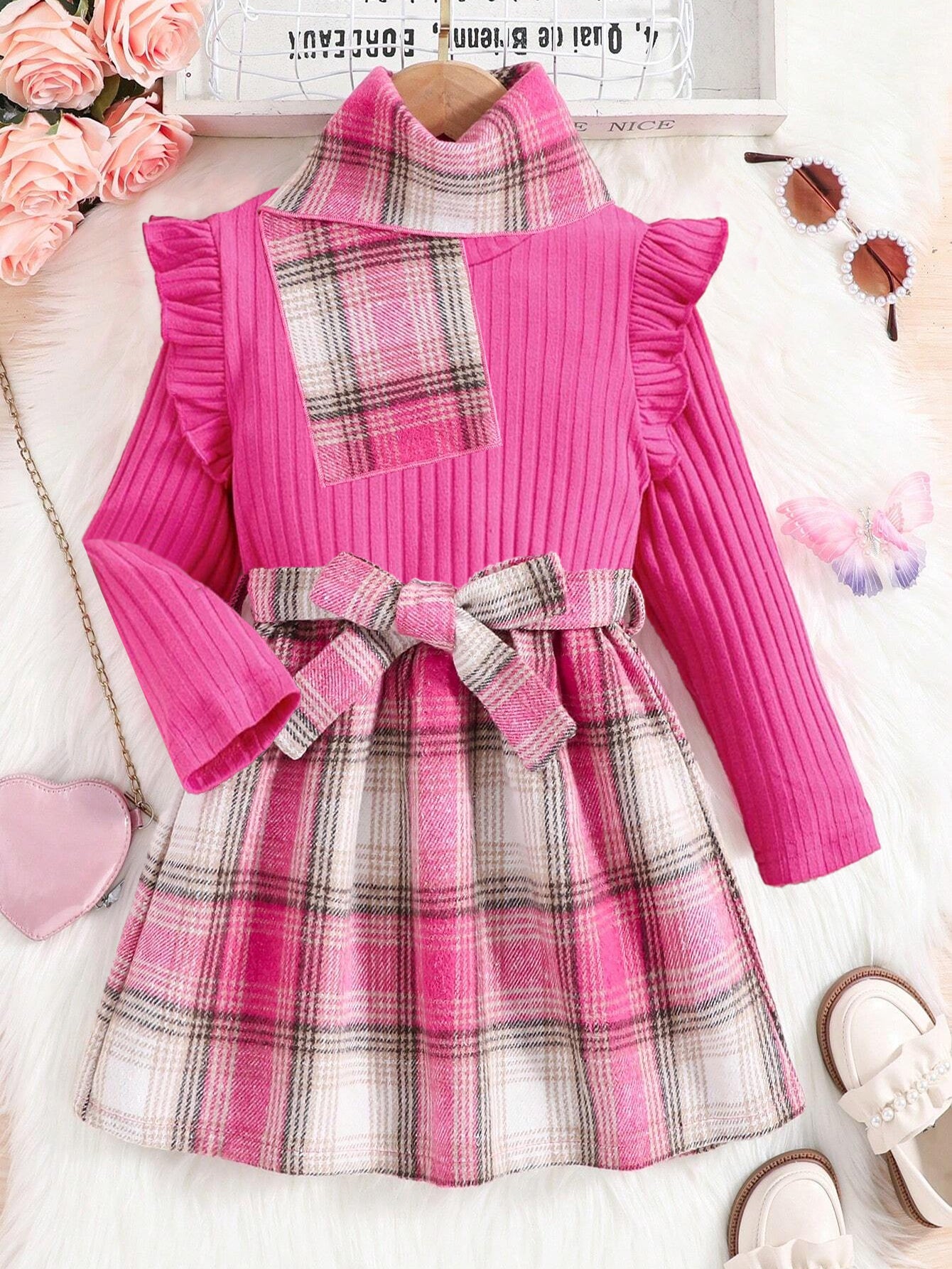 Trendy Pink Plaid Dress for Girls