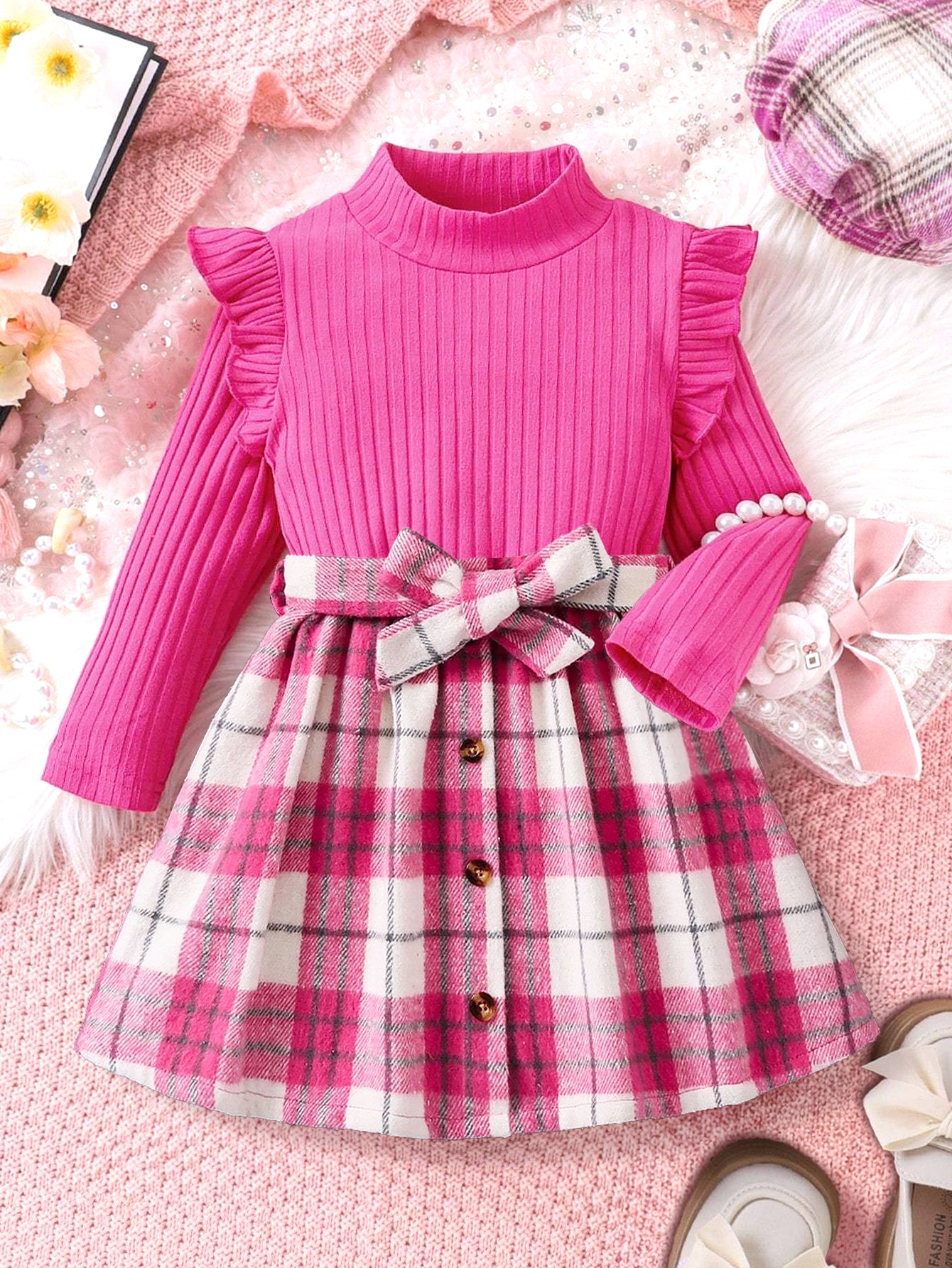 Pink Ruffle Sleeve Ribbed Top & Plaid Buttoned Skirt Set for Girls