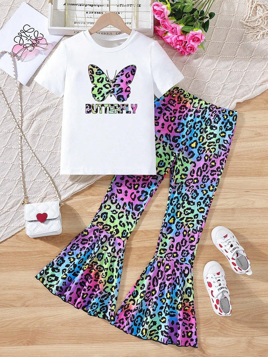 Girls' Rainbow Leopard Butterfly Flared Pants Set Wholesale