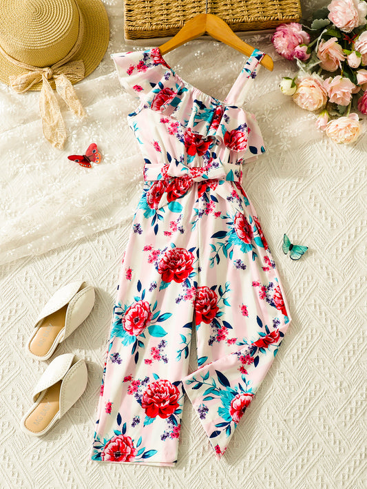 Wholesale One-Shoulder Floral Ruffle Jumpsuit for Girls