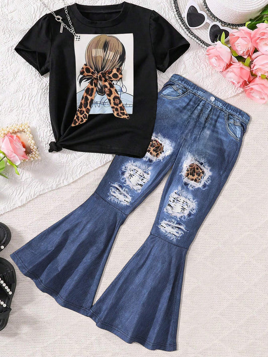 Girls' Faux Denim Flare Jeans and Leopard Tee Set Wholesale