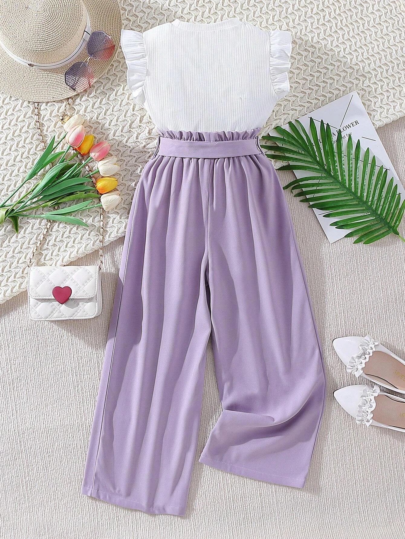 Girls' Ruffle Sleeve Top & High-Waisted Lilac Trousers Set Wholesale