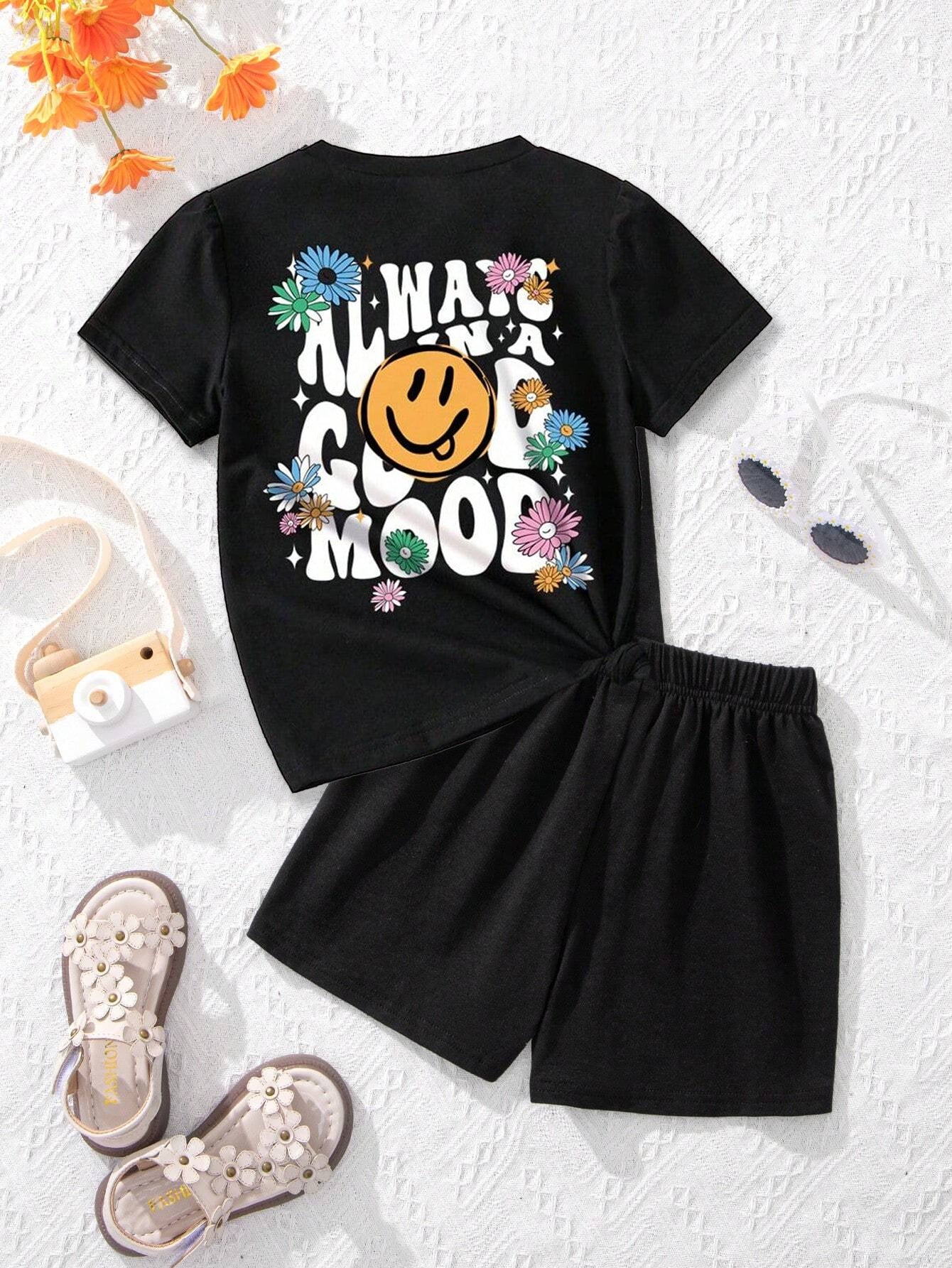 Girls' Smiley Face Graphic Tee & Shorts Set Wholesale