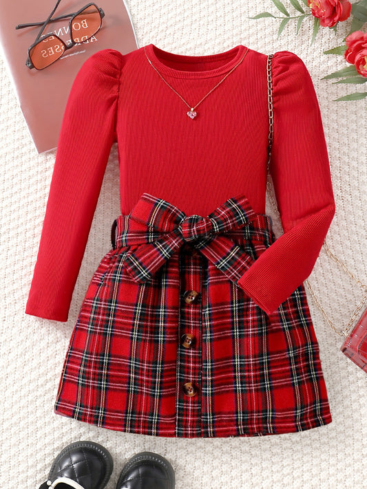 Girls' Red Ribbed Top & Plaid Buttoned Skirt Dress with Bow Wholesale