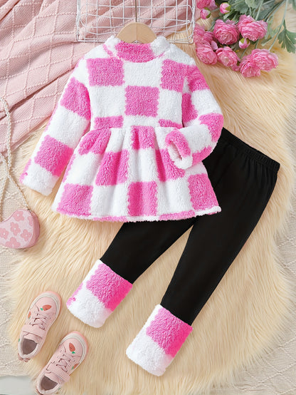 Cozy Pink & White Checkered Plush Toddler Outfit Wholesale