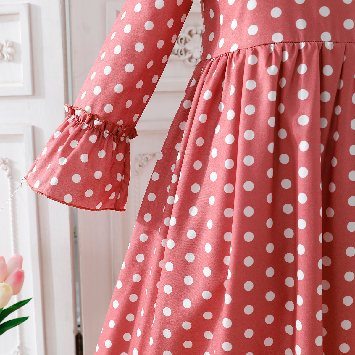 Girls' Red Polka Dot Dress with Bell Sleeves Wholesale