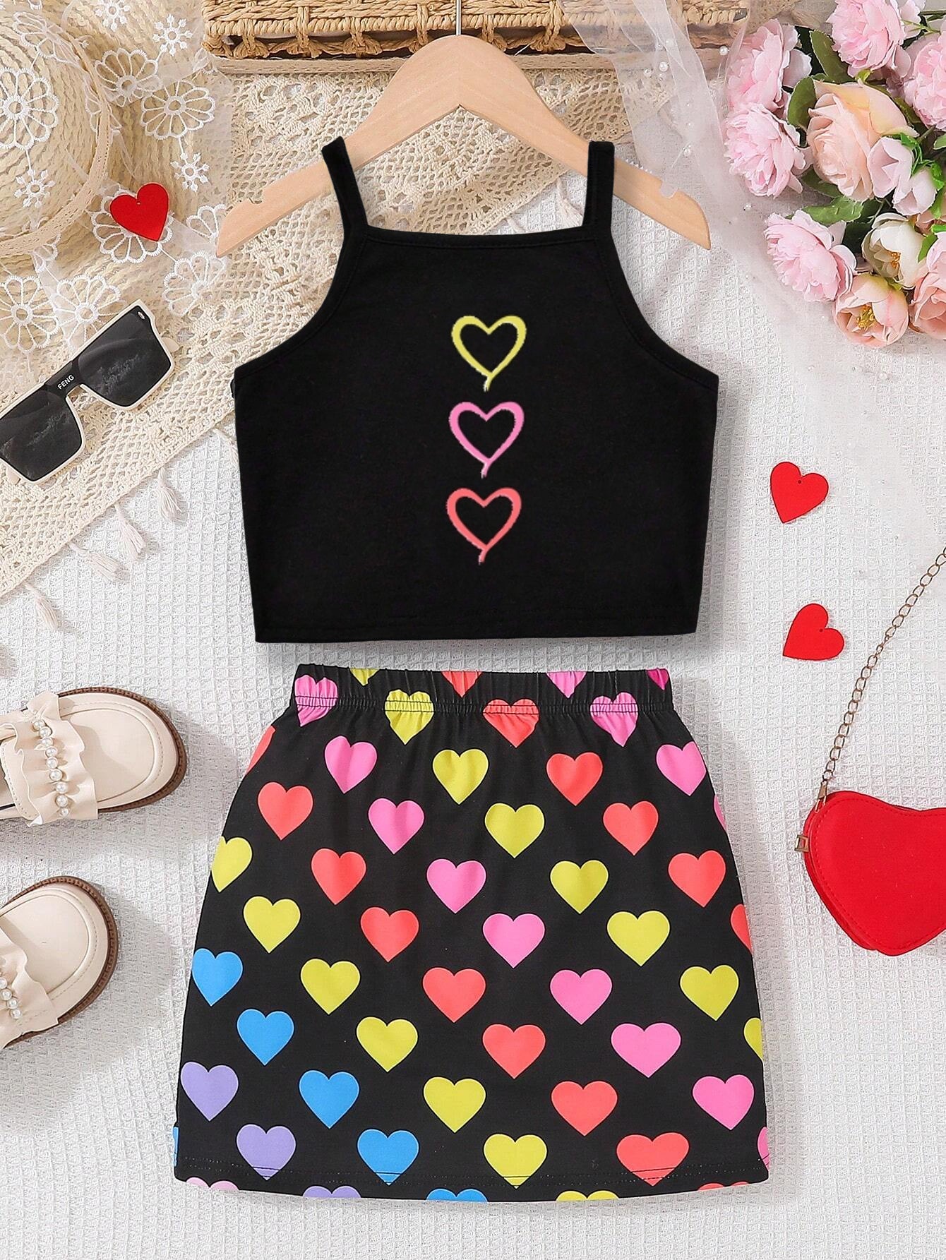 Colorful Heart Print Crop Top & Skirt Set for Girls Wholesale