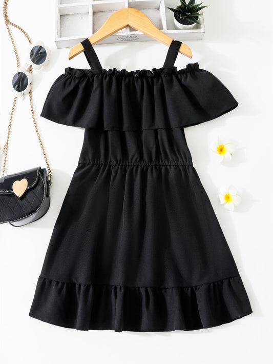 Girls' Off-Shoulder Black Ruffle Dress Wholesale