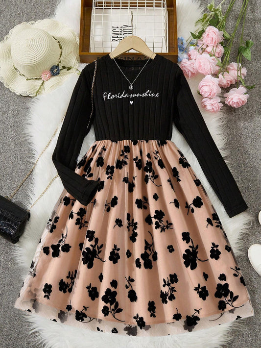 Chic Girls' Floral Velvet Dress with Long Sleeve Ribbed Top Wholesale