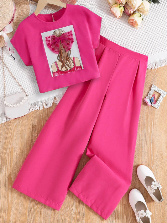 Girls' Graphic Bow Top & Wide-Leg Pants Set in Hot Pink Wholesale