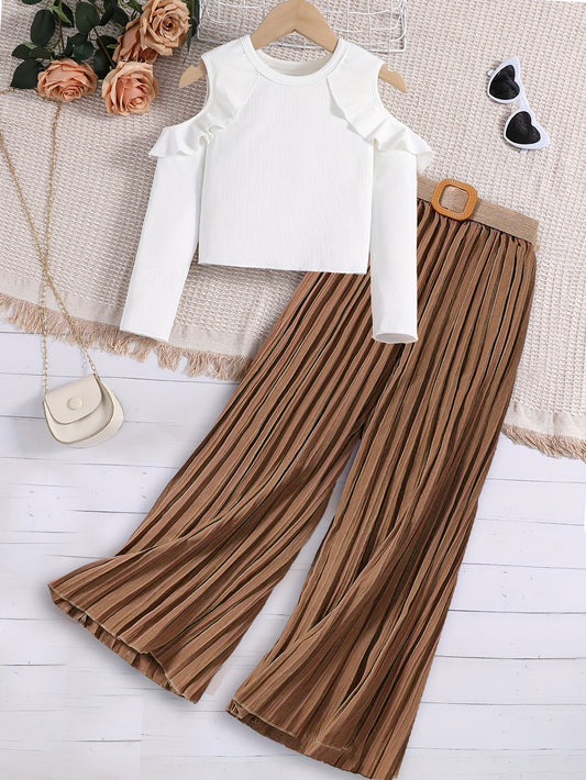 Girl’s Chic Cold-Shoulder Top & Pleated Wide-Leg Pants Set Wholesale