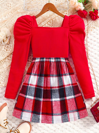 Stylish Girls' Red Puff Sleeve Top and Plaid Skirt Set