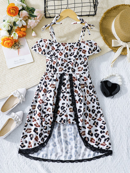 Leopard Print High-Low Off-Shoulder Girls' Dress