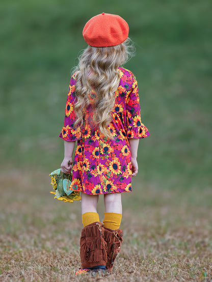 Girls' Sunflower Print Dress with Flared Sleeves Wholesale