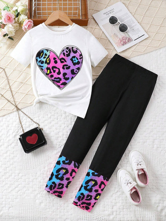 Girls'Heart Print T-Shirt & Color Block Leggings Set Wholesale