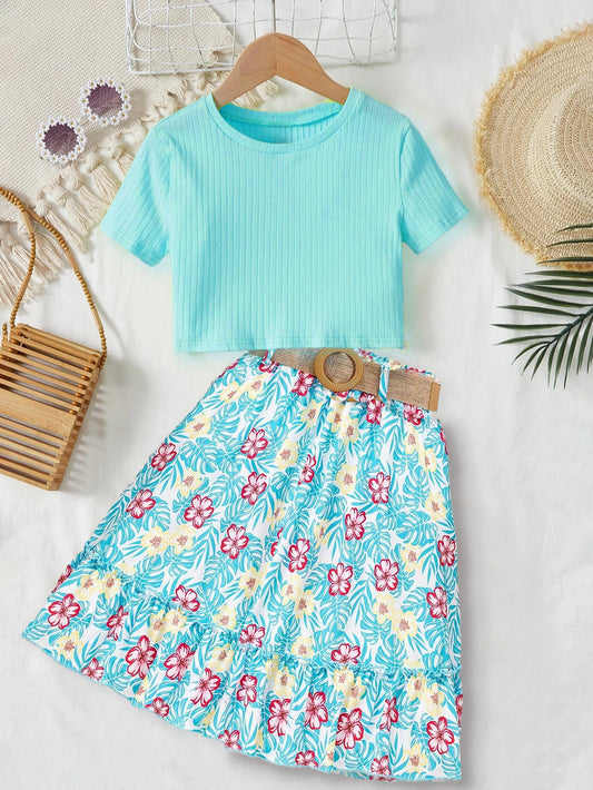 Girls' Tropical Floral Skirt and Mint Green Ribbed Top Set Wholesale