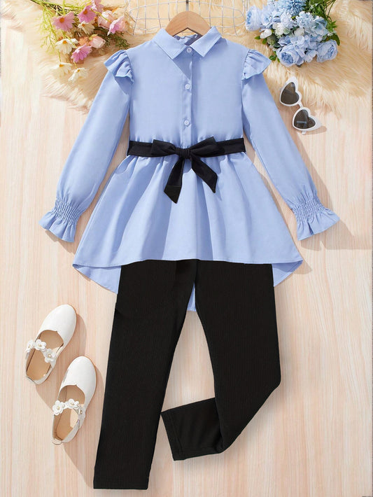 Girls' Blue Ruffle Blouse & Black Leggings Set with Bow Wholesale