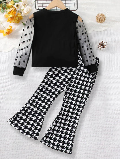 Girls' Polka Dot Mesh Sleeve Top & Houndstooth Bell-Bottom Pants Set Wholesale