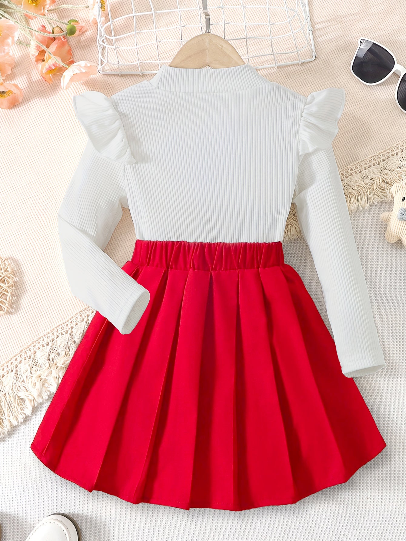 Adorable Winking Kitty Top & Red Pleated Skirt Set for Girls Wholesale