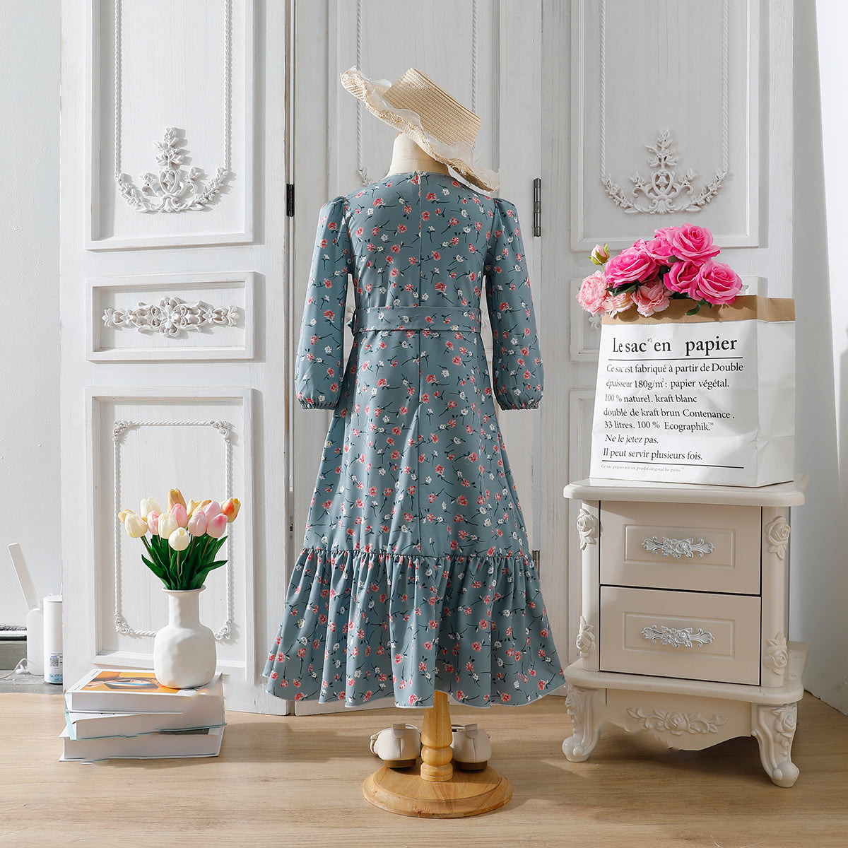 Girls' Dusty Blue Long-Sleeve Floral Maxi Dress Wholesale